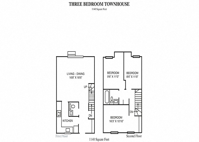 Floor plan for 3 beds, 1.5 baths, 1140 sqft